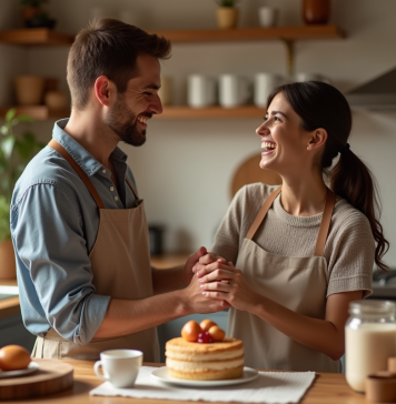 Couple souriant cuisinant un gâteau dans une cuisine chaleureuse