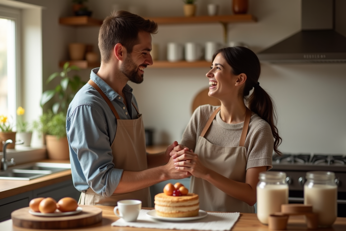 Couple souriant cuisinant un gâteau dans une cuisine chaleureuse