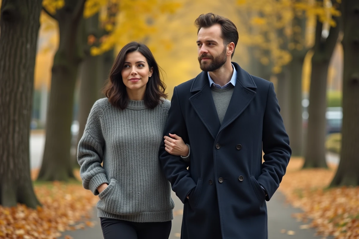 Couple marchant côte à côte dans un parc parisien en automne, illustrant une relation discrète et une vie de couple loin des médias