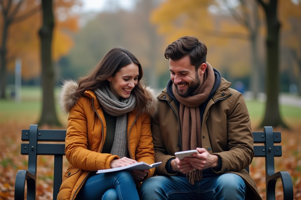 Couple discutant de prénoms de bébé sur un banc dans un parc