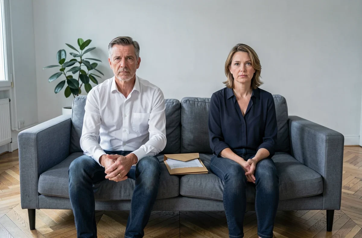 Couple en instance de divorce assis à distance sur un canapé avec des documents légaux, appartement parisien