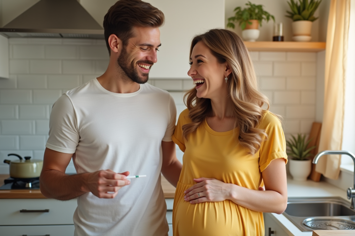 Couple souriant dans la cuisine avec test de grossesse positif