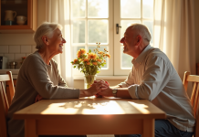 Vieux couple souriant main dans la main à la cuisine lumineuse