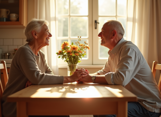 43 ans de mariage : notre expérience en mots et en émotions Vieux couple souriant main dans la main à la cuisine lumineuse