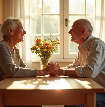 Vieux couple souriant main dans la main à la cuisine lumineuse