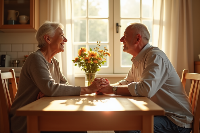 Vieux couple souriant main dans la main à la cuisine lumineuse