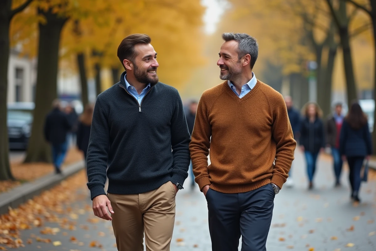 Deux hommes marchant ensemble sur un boulevard parisien en automne, évoquant la vie de couple et l'identité du mari de Jarry