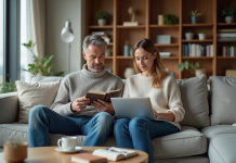 Couple d'adultes dans un salon moderne en train de lire et travailler