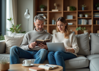 Pacte civil de solidarité : vivre ensemble obligatoire ? Couple d'adultes dans un salon moderne en train de lire et travailler