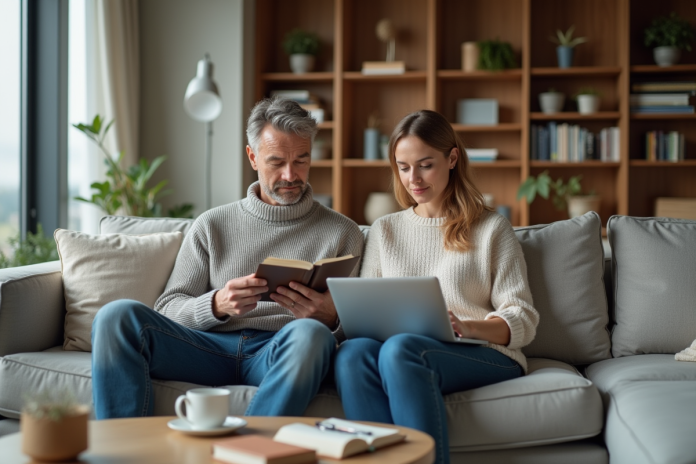 Couple d'adultes dans un salon moderne en train de lire et travailler