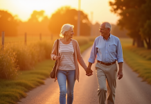 Couple âgé marchant main dans la main en campagne en lumière dorée