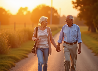 Couple âgé marchant main dans la main en campagne en lumière dorée