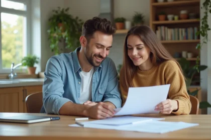 Jeune couple organisant des papiers dans une cuisine lumineuse