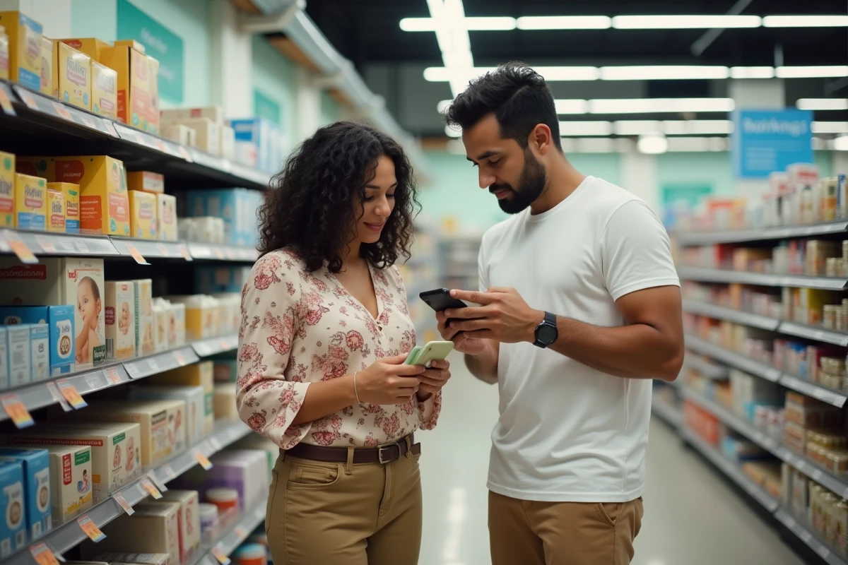 Couple de jeunes parents dans un rayon supermarché examinant un kit d'échantillons gratuits de produits pour bébé