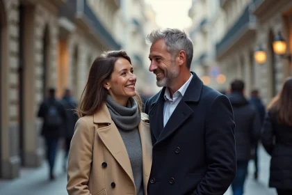 Couple élégant photographié en rue dans un style éditorial, illustrant une photo de couple célébrité analysée dans la presse