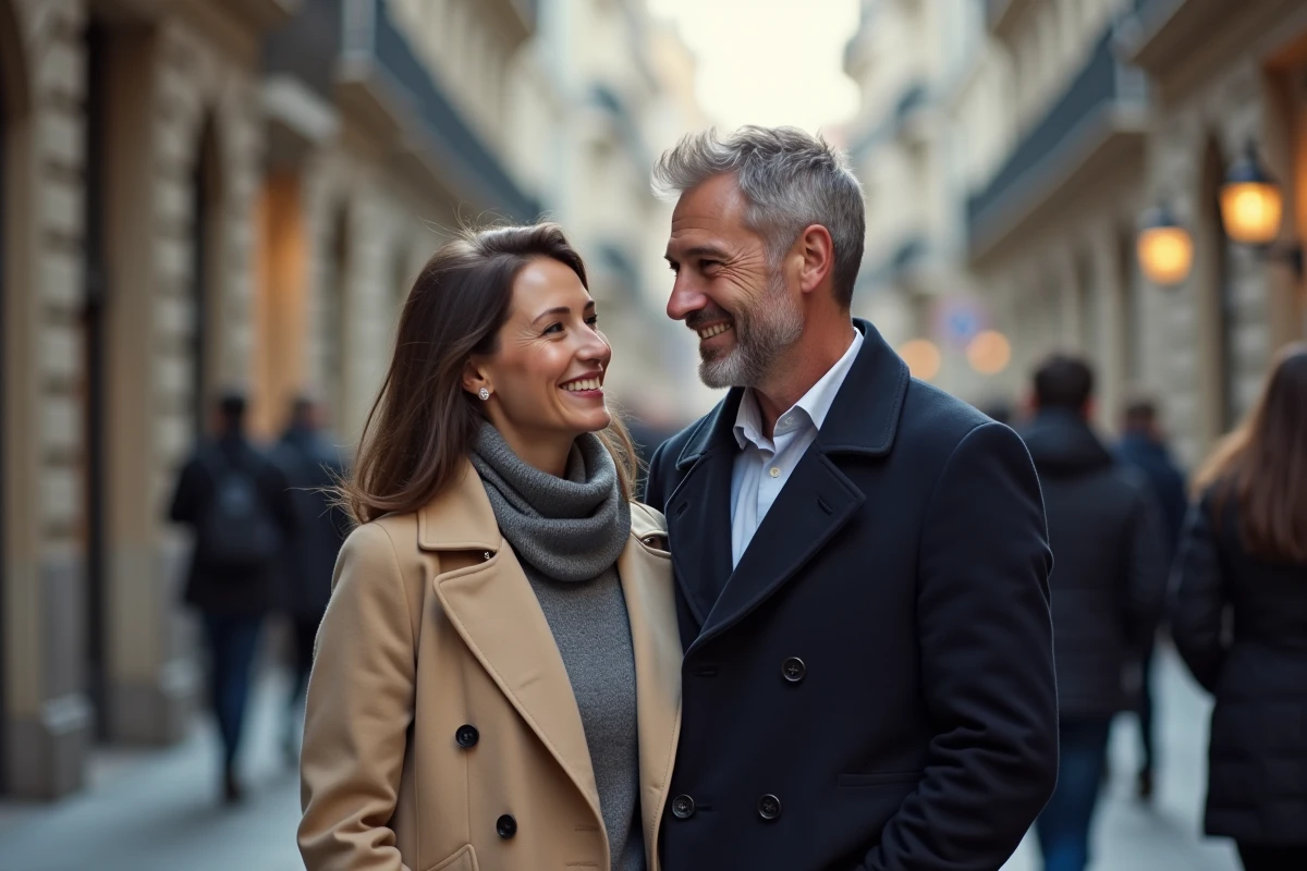 Couple élégant photographié en rue dans un style éditorial, illustrant une photo de couple célébrité analysée dans la presse