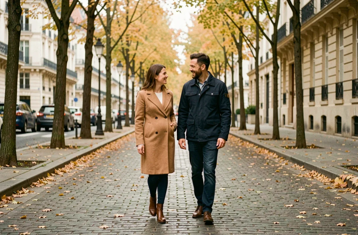 Couple se promenant sur un trottoir parisien en automne, évoquant la vie privée et l'attente d'un heureux événement