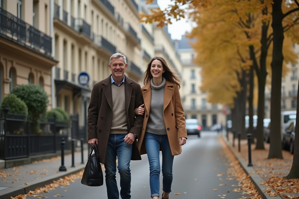 Couple élégant se promenant dans une rue parisienne bordée d'arbres en automne, ambiance lifestyle journalistique naturelle