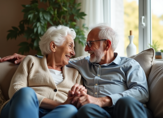 Couple senior assis sur un sofa chaleureux en intérieur