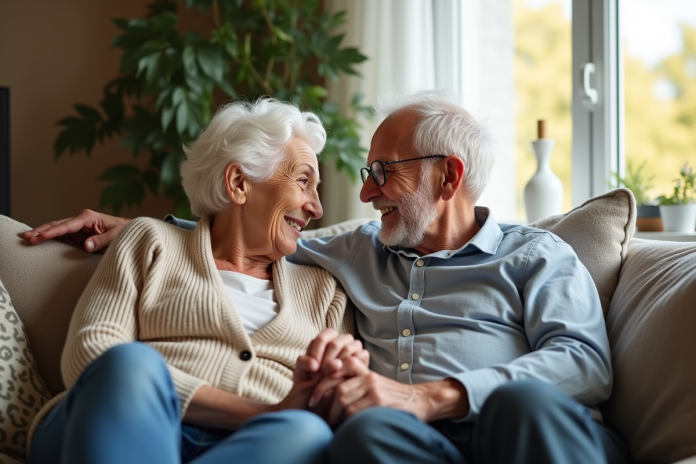 couple-senior-salon-chaleureux Couple senior assis sur un sofa chaleureux en intérieur