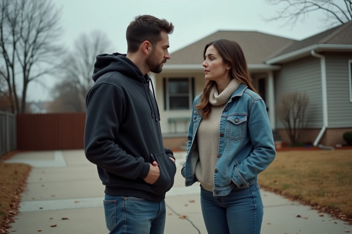Couple en tension devant une maison de banlieue en automne, illustrant les conflits relationnels qui ont marqué la vie sentimentale et la carrière d'un artiste