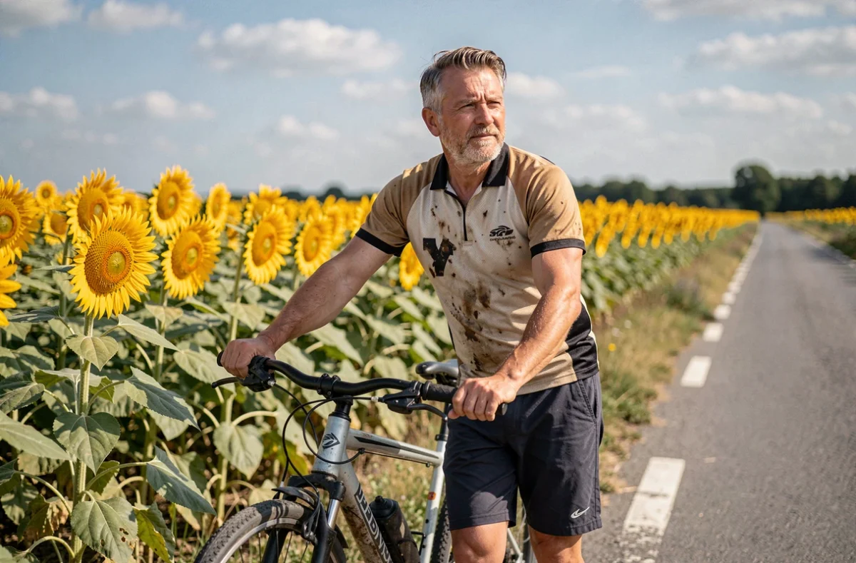 Cycliste en pause au bord d'un champ de tournesols en Seine-et-Marne, balade à vélo accessible et bon marché dans le 77
