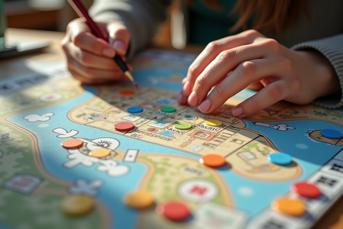 Mains dessinant sur une feuille de jeu avec marqueurs colorés
