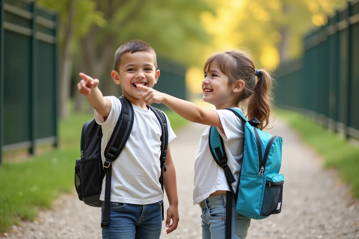 Deux enfants de maternelle portant des sacs à dos adaptés avec sangles réglables dans la cour d'école