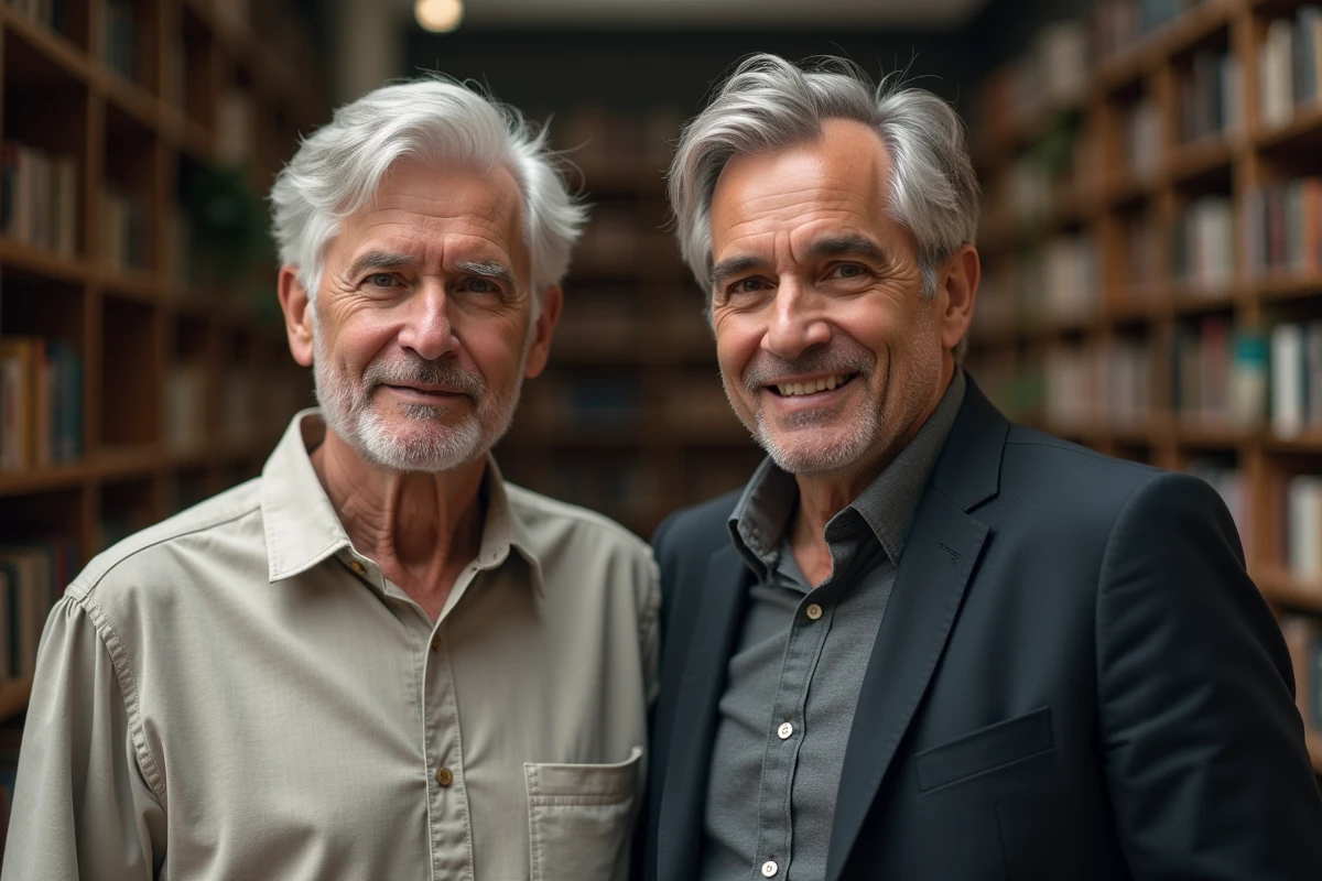 Deux hommes de générations différentes côte à côte dans une bibliothèque, illustrant une réflexion sur les liens familiaux et la notoriété dans les médias