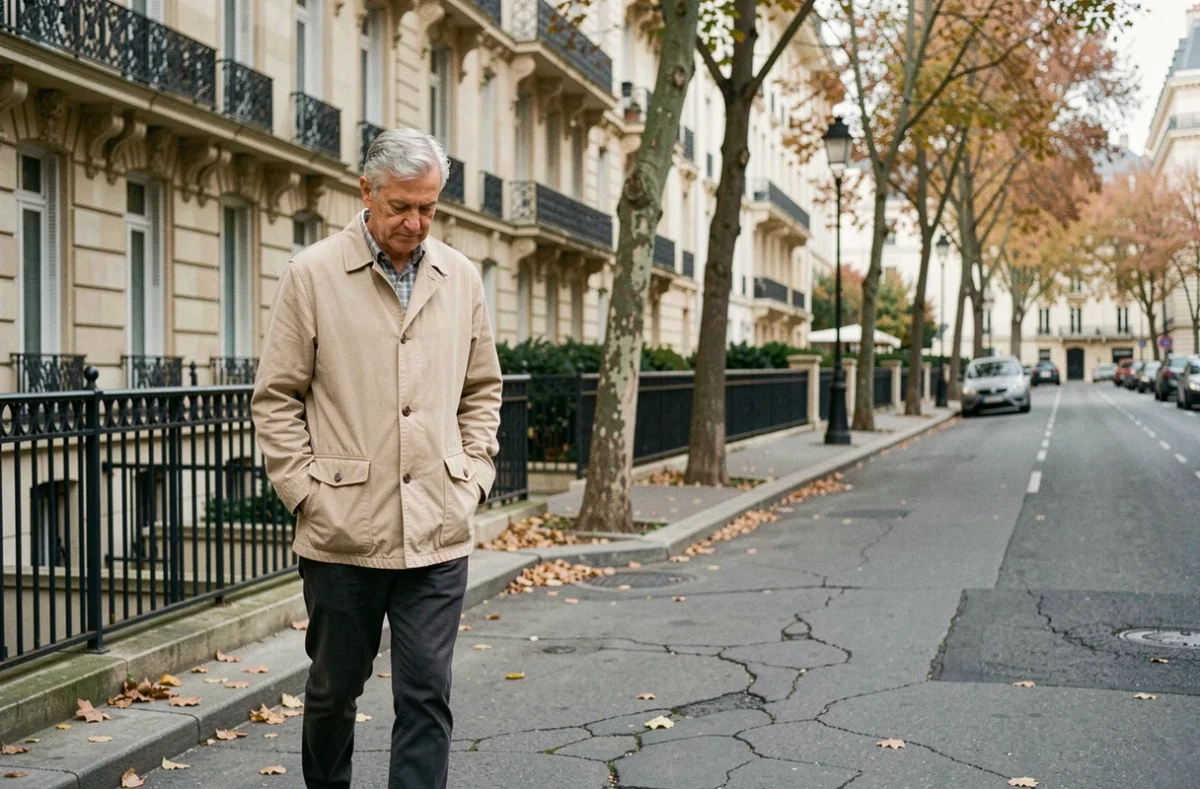 Homme discret marchant dans une rue parisienne en automne, évoquant la vie loin des projecteurs du père d'Adèle Exarchopoulos