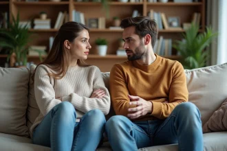 Deux adultes en dispute sur un canapé familial