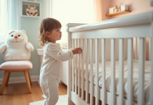 Petite fille en pyjama coton touche le lit bébé blanc