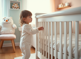 Passer du berceau au lit à barreau : conseils et étapes clés pour réussir la transition Petite fille en pyjama coton touche le lit bébé blanc