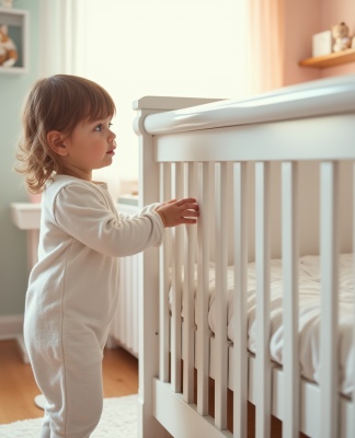 Petite fille en pyjama coton touche le lit bébé blanc