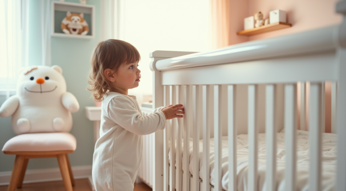 Petite fille en pyjama coton touche le lit bébé blanc