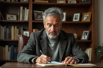 Auteur d'âge moyen dans son bureau ancien avec livres et photos