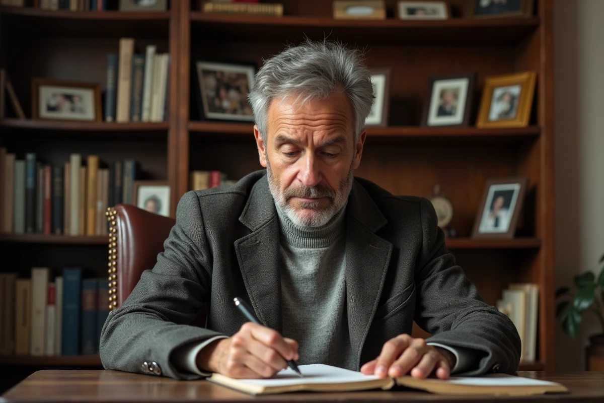 Auteur d'âge moyen dans son bureau ancien avec livres et photos