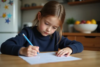 Enfant de 9 ans &eacute;crit une note &agrave; l'&eacute;cole dans la cuisine