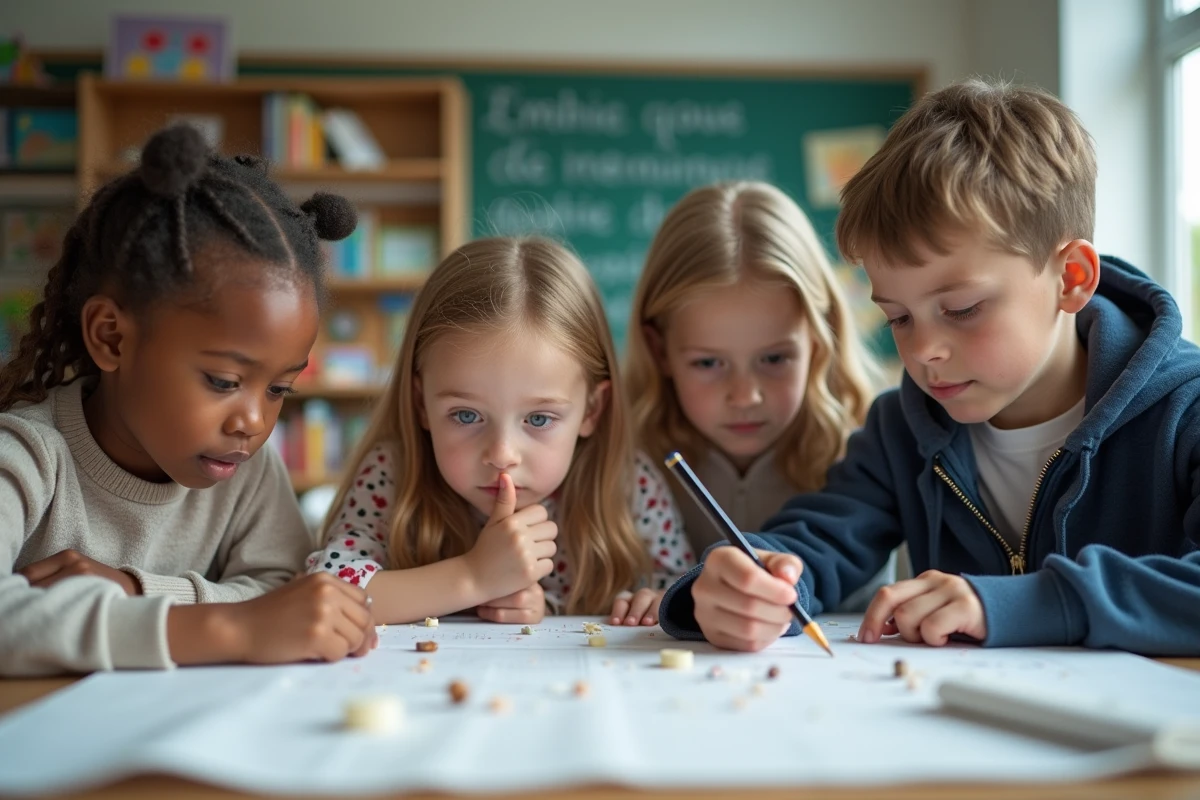 Groupe d'élèves concentrés autour d'une table lors d'un jeu Kim tactile et visuel en classe