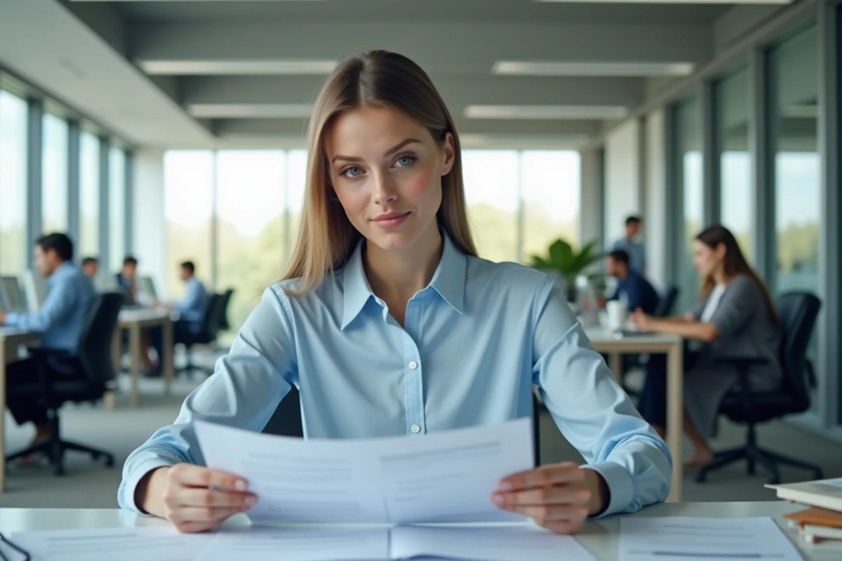 Employée en bureau vérifiant les documents administratifs liés à son congé maternité allaitement