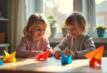 Enfant et adulte pliant des avions en papier lumineux