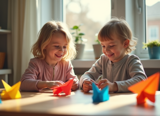 Enfant et adulte pliant des avions en papier lumineux