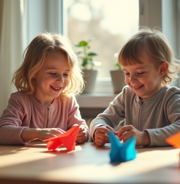 Enfant et adulte pliant des avions en papier lumineux