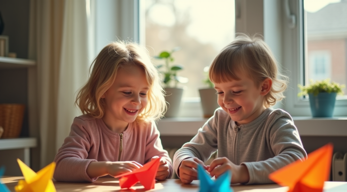 Enfant et adulte pliant des avions en papier lumineux