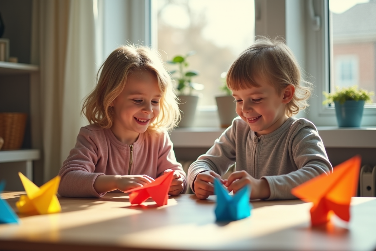 Enfant et adulte pliant des avions en papier lumineux