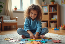 Fille de sept ans assemble un puzzle coloré dans un salon chaleureux