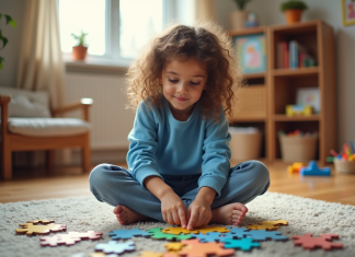 Stimuler le cerveau de l’enfant : conseils pratiques et efficaces Fille de sept ans assemble un puzzle coloré dans un salon chaleureux