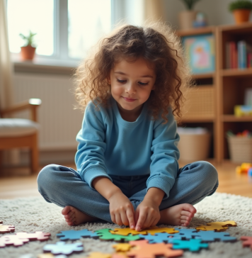 Fille de sept ans assemble un puzzle coloré dans un salon chaleureux