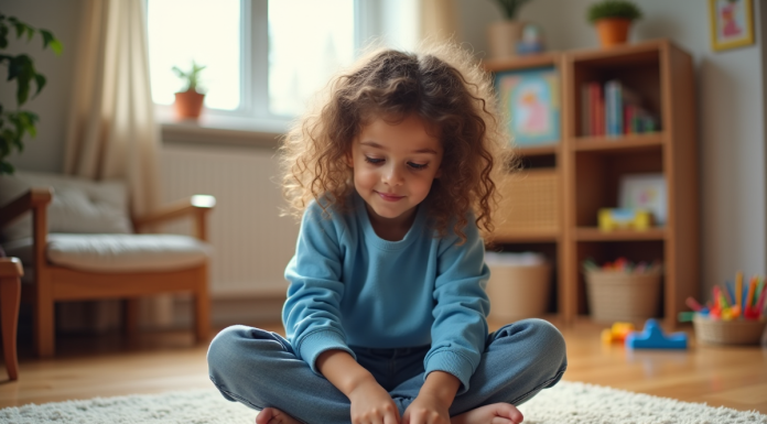 Fille de sept ans assemble un puzzle coloré dans un salon chaleureux
