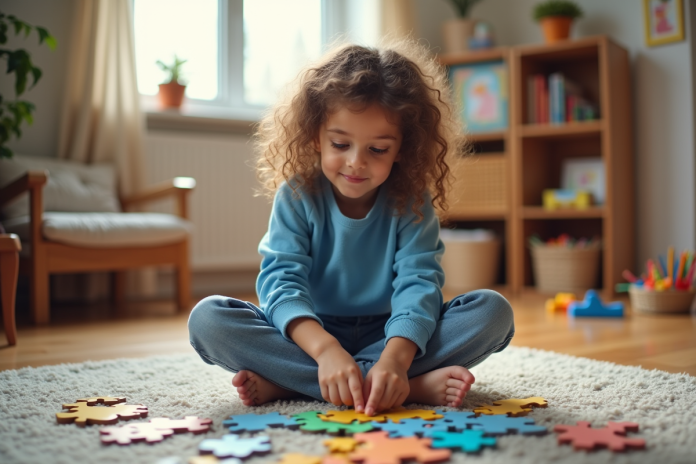 enfant-assemble-puzzle-maison Fille de sept ans assemble un puzzle coloré dans un salon chaleureux